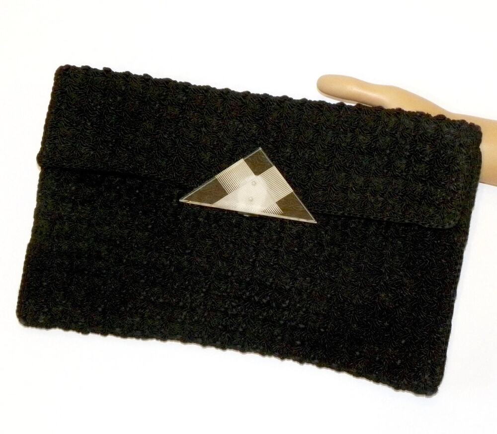 40's Large Black Cordé Envelope Clutch Bag w Lucite Decorative Clasp
